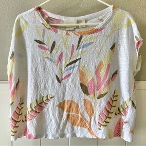 CYNTHIA ROWLEY 100% Linen White Tropical Print Casual Boxy Crop Top T-Shirt